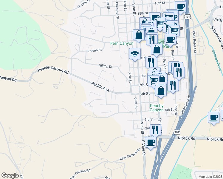 map of restaurants, bars, coffee shops, grocery stores, and more near 225 Pacific Avenue in Paso Robles