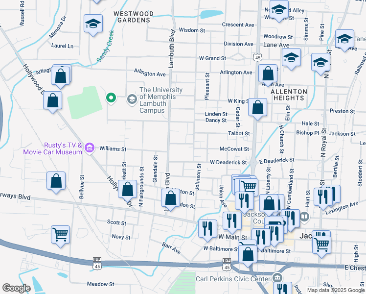 map of restaurants, bars, coffee shops, grocery stores, and more near 122 Pearl Avenue in Jackson