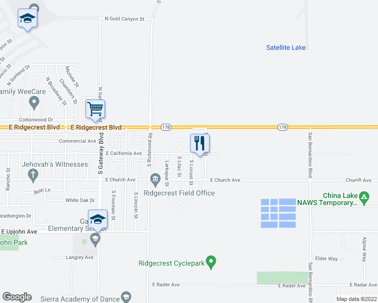 map of restaurants, bars, coffee shops, grocery stores, and more near 137 South Locust Street in Ridgecrest