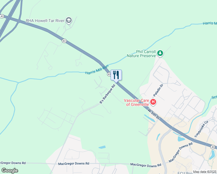 map of restaurants, bars, coffee shops, grocery stores, and more near 2900 Cedar Creek Road in Greenville