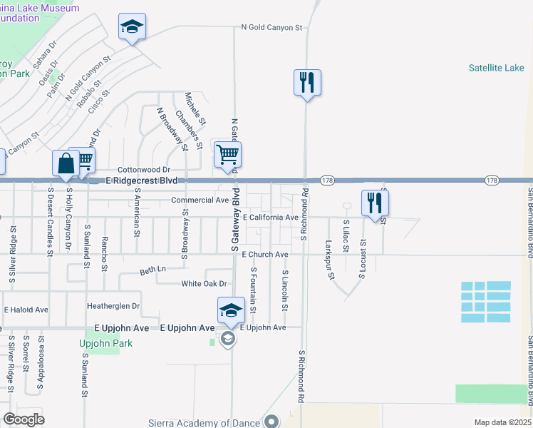 map of restaurants, bars, coffee shops, grocery stores, and more near 940 East California Avenue in Ridgecrest