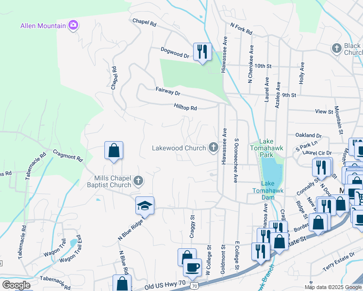 map of restaurants, bars, coffee shops, grocery stores, and more near 250 Mount Allen Heights Road in Black Mountain