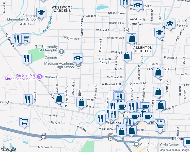 map of restaurants, bars, coffee shops, grocery stores, and more near 132 Campbell Street in Jackson