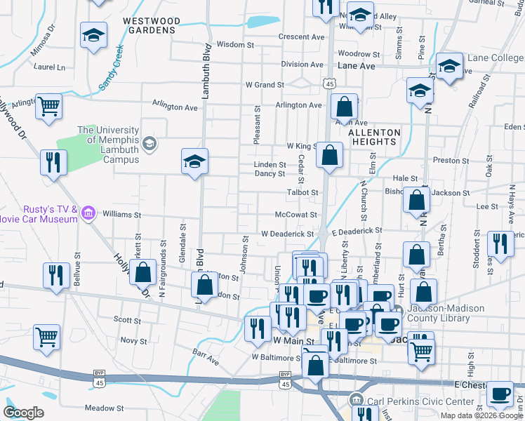map of restaurants, bars, coffee shops, grocery stores, and more near 227 McCowat Street in Jackson