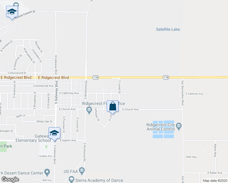 map of restaurants, bars, coffee shops, grocery stores, and more near 138 South Locust Street in Ridgecrest