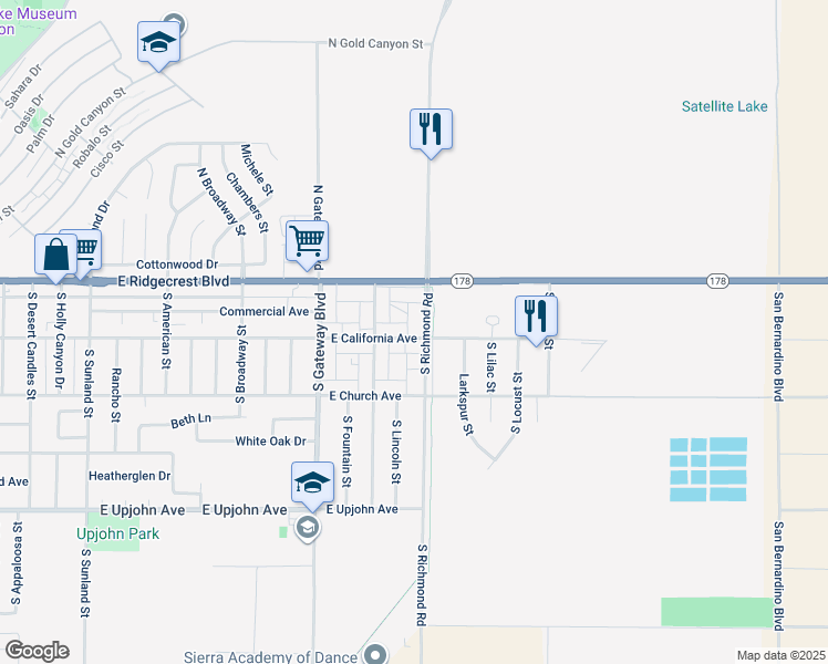 map of restaurants, bars, coffee shops, grocery stores, and more near 137 South Richmond Road in Ridgecrest