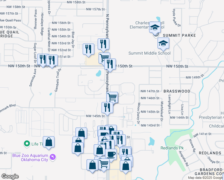 map of restaurants, bars, coffee shops, grocery stores, and more near 14900 North Pennsylvania Avenue in Oklahoma City