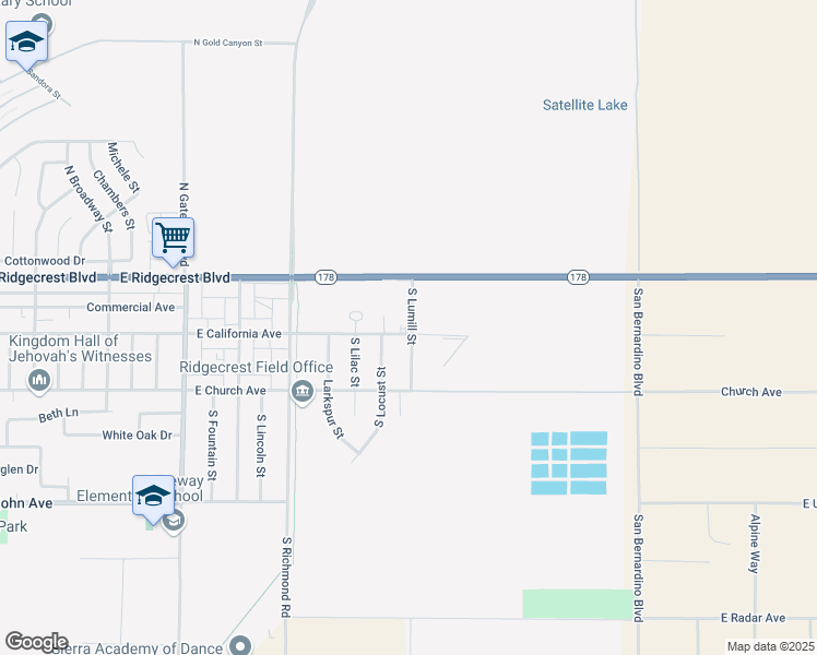 map of restaurants, bars, coffee shops, grocery stores, and more near 201 South Lumill Street in Ridgecrest