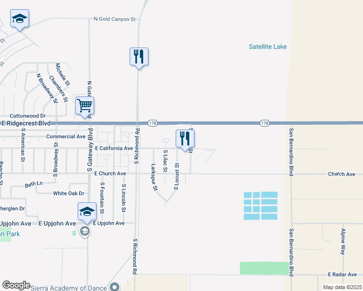 map of restaurants, bars, coffee shops, grocery stores, and more near 201 South Lumill Street in Ridgecrest