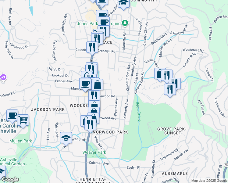 map of restaurants, bars, coffee shops, grocery stores, and more near 39 Edgewood Road in Asheville