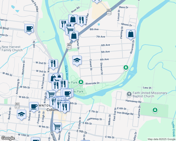 map of restaurants, bars, coffee shops, grocery stores, and more near 204 Conant Street in Columbia