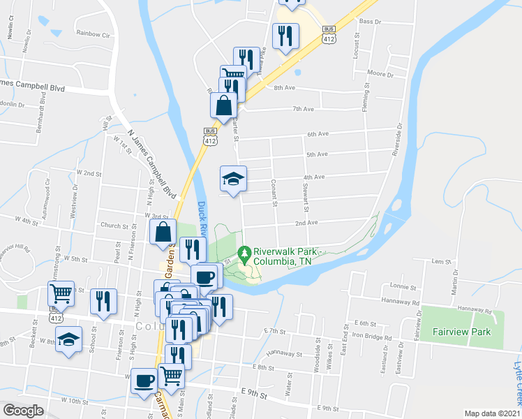 map of restaurants, bars, coffee shops, grocery stores, and more near 2ND East 13th Street in Columbia