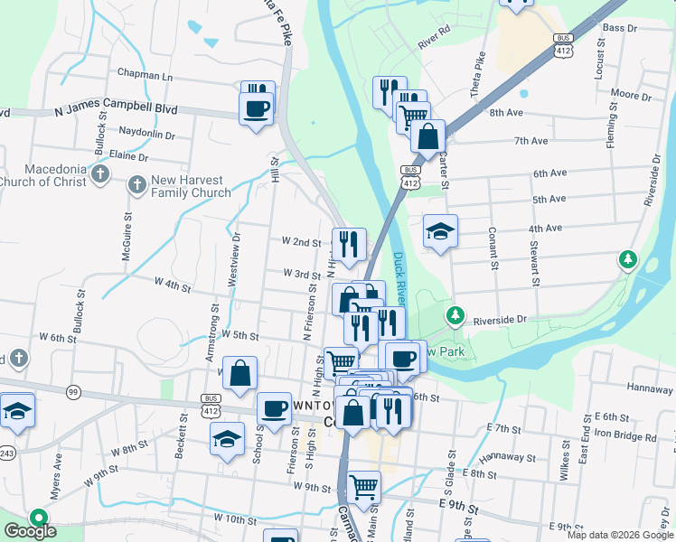 map of restaurants, bars, coffee shops, grocery stores, and more near 209 West 3rd Street in Columbia