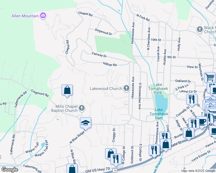 map of restaurants, bars, coffee shops, grocery stores, and more near 250 Mount Allen Heights Road in Black Mountain