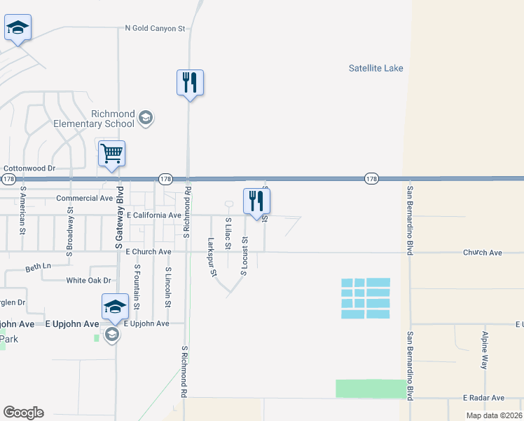 map of restaurants, bars, coffee shops, grocery stores, and more near 1290 East California Avenue in Ridgecrest
