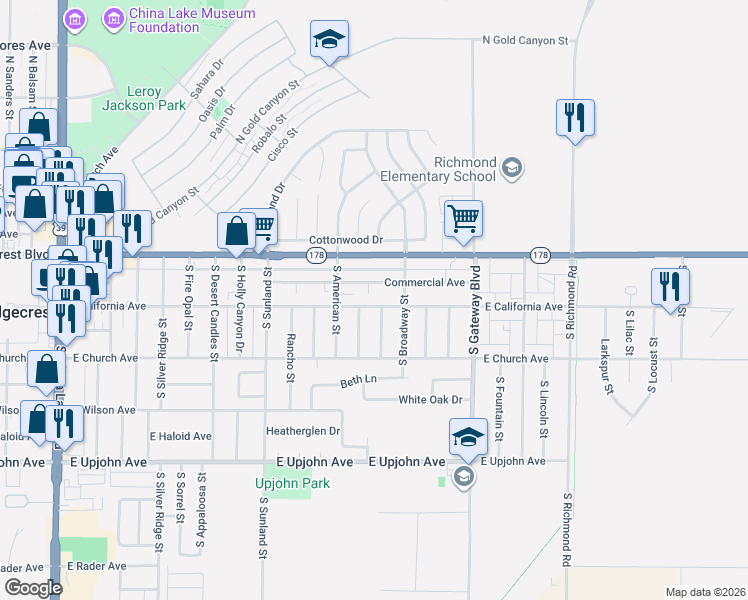 map of restaurants, bars, coffee shops, grocery stores, and more near 204 South Forest Knoll Street in Ridgecrest