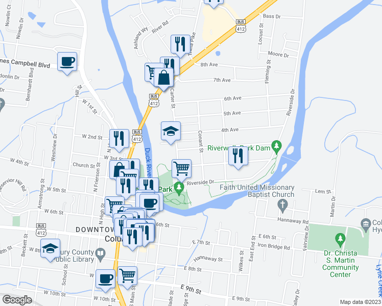 map of restaurants, bars, coffee shops, grocery stores, and more near 106 3rd Avenue in Columbia