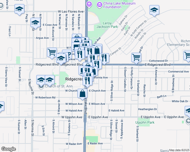 map of restaurants, bars, coffee shops, grocery stores, and more near 128 East California Avenue in Ridgecrest
