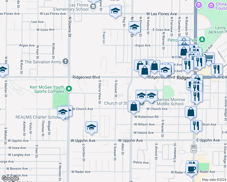 map of restaurants, bars, coffee shops, grocery stores, and more near 199 South Sunset Street in Ridgecrest