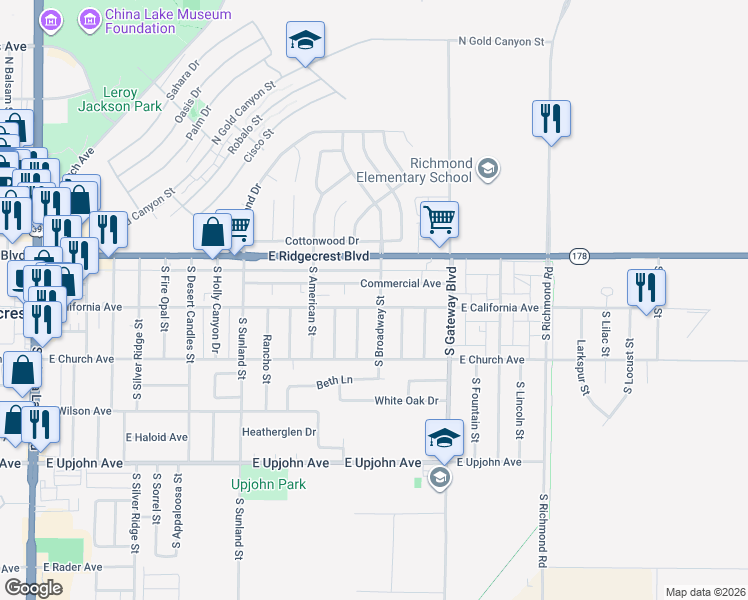 map of restaurants, bars, coffee shops, grocery stores, and more near 723 East California Avenue in Ridgecrest
