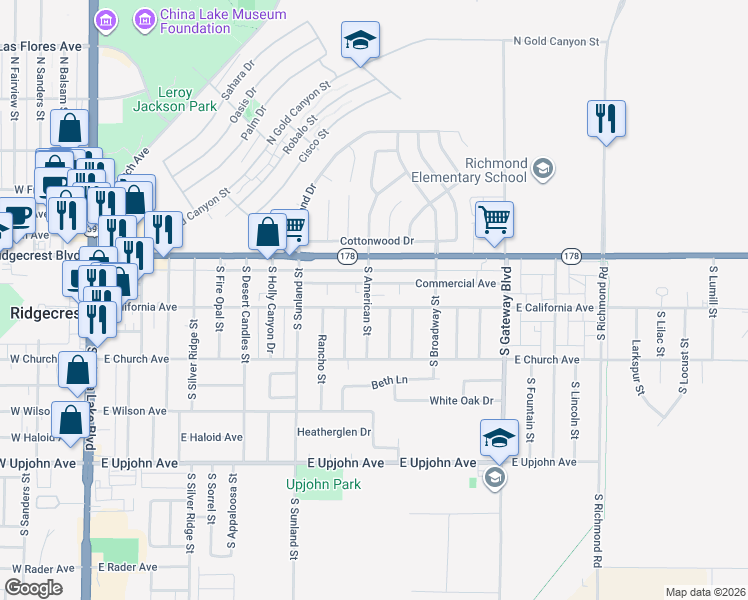 map of restaurants, bars, coffee shops, grocery stores, and more near 201 South American Street in Ridgecrest