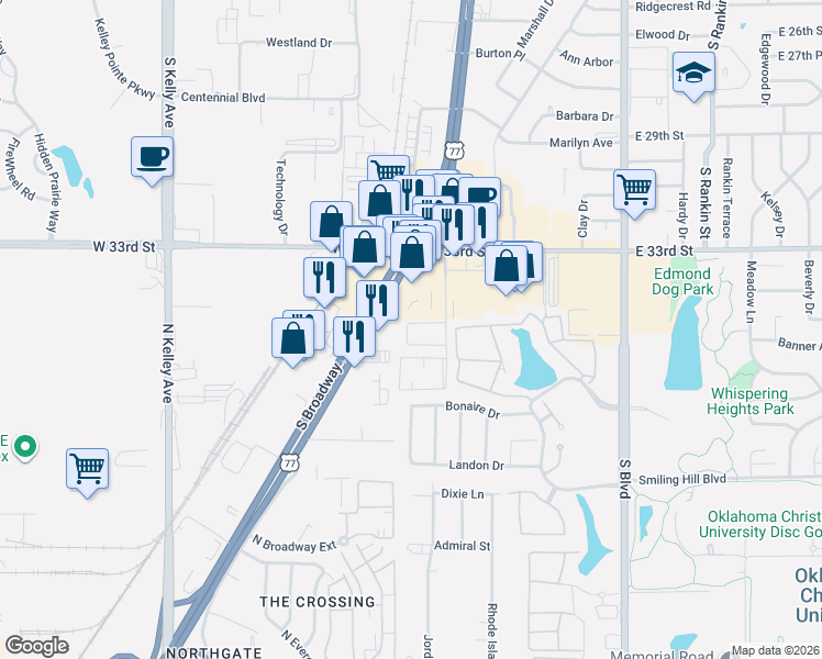 map of restaurants, bars, coffee shops, grocery stores, and more near 3613 Wynn Circle in Edmond