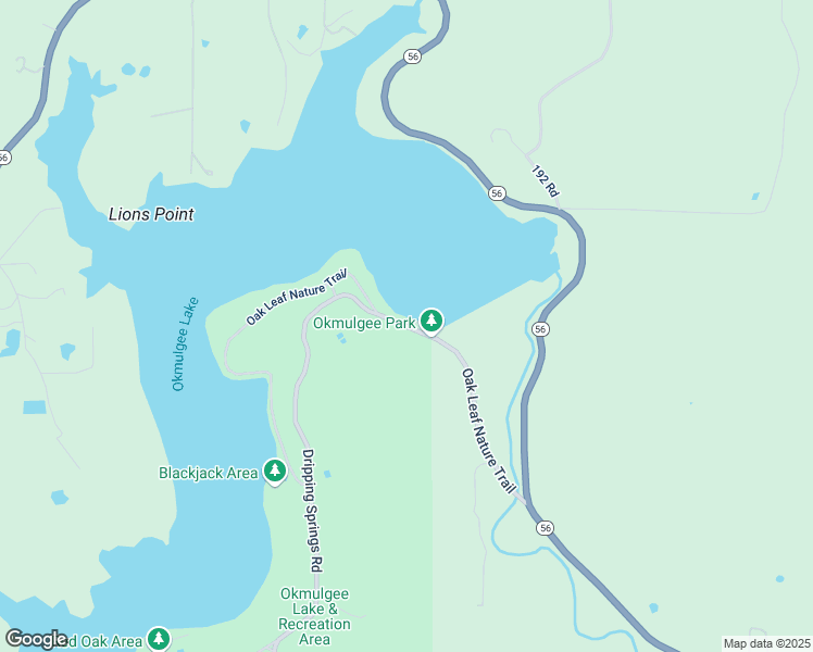map of restaurants, bars, coffee shops, grocery stores, and more near Oak Leaf Nature Trail in Okmulgee