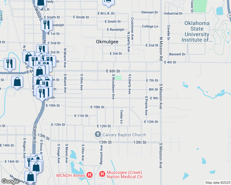 map of restaurants, bars, coffee shops, grocery stores, and more near 1501 East 9th in Okmulgee