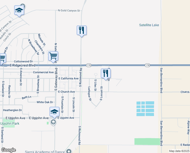 map of restaurants, bars, coffee shops, grocery stores, and more near 141 South Lilac Street in Ridgecrest