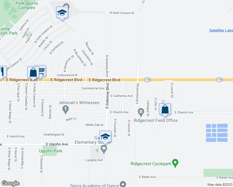 map of restaurants, bars, coffee shops, grocery stores, and more near 924 East California Avenue in Ridgecrest