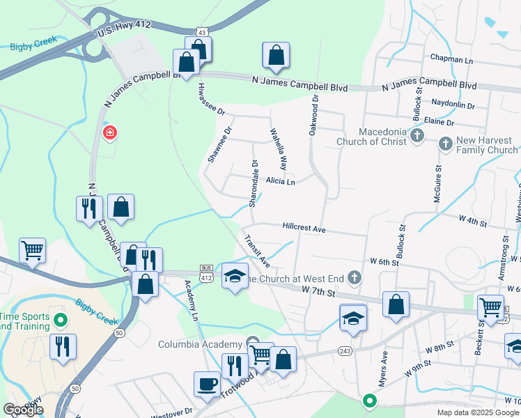 map of restaurants, bars, coffee shops, grocery stores, and more near 1012 Hillcrest Avenue in Columbia