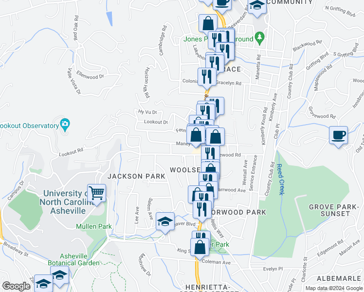 map of restaurants, bars, coffee shops, grocery stores, and more near 44 Maney Avenue in Asheville