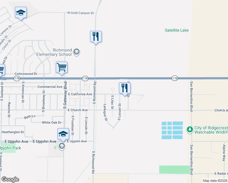 map of restaurants, bars, coffee shops, grocery stores, and more near 200 South Lilac Street in Ridgecrest