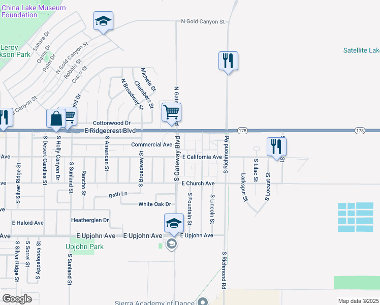 map of restaurants, bars, coffee shops, grocery stores, and more near 927 East California Avenue in Ridgecrest