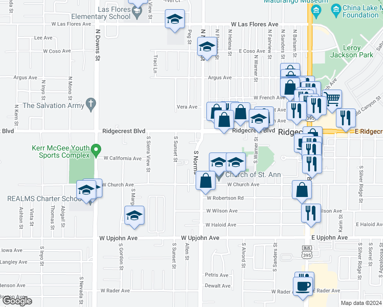 map of restaurants, bars, coffee shops, grocery stores, and more near 209 South Norma Street in Ridgecrest