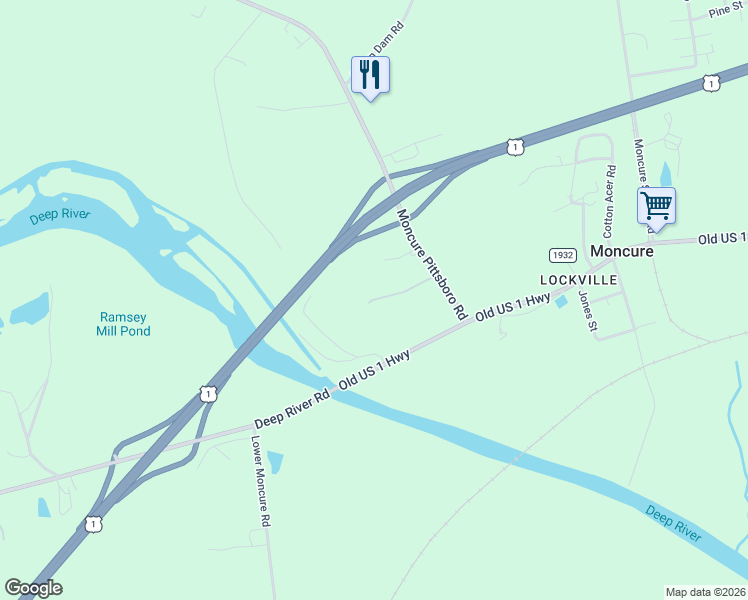 map of restaurants, bars, coffee shops, grocery stores, and more near 125 Cross and Taylor in Moncure