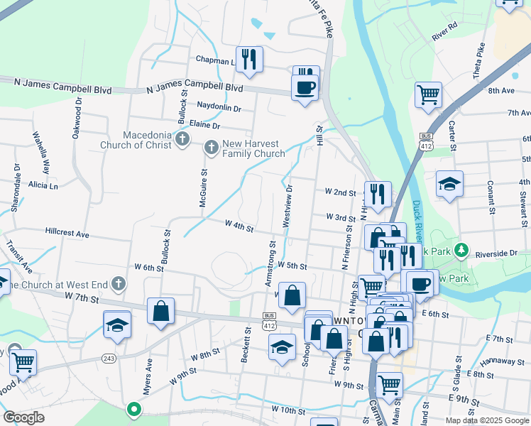 map of restaurants, bars, coffee shops, grocery stores, and more near 409 Armstrong Street in Columbia