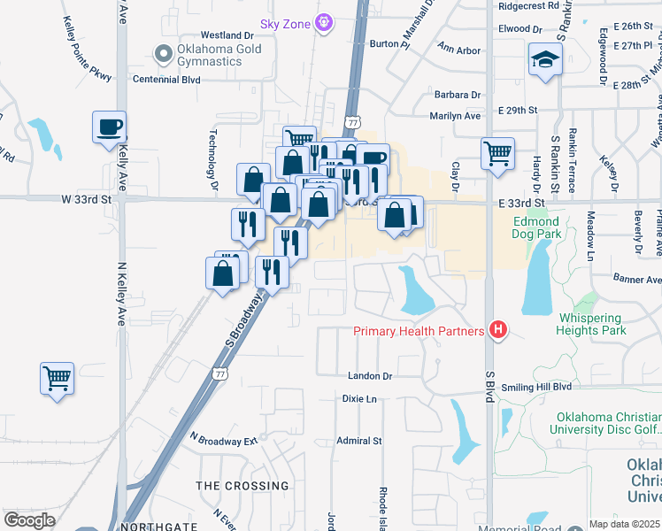 map of restaurants, bars, coffee shops, grocery stores, and more near 3613 Wynn Circle in Edmond