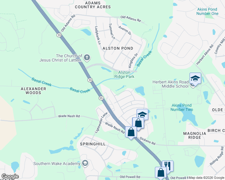 map of restaurants, bars, coffee shops, grocery stores, and more near 2410 Broad Street in Holly Springs