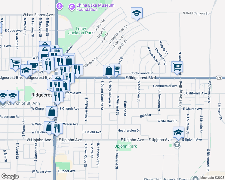 map of restaurants, bars, coffee shops, grocery stores, and more near 132 South Holly Canyon Drive in Ridgecrest