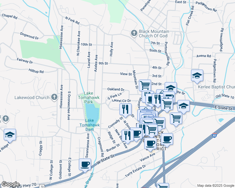 map of restaurants, bars, coffee shops, grocery stores, and more near 118 South Park Lane in Black Mountain