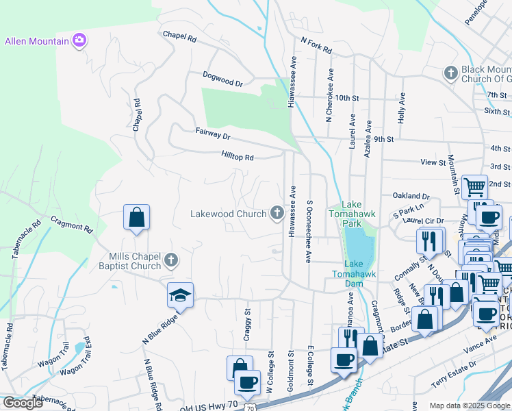 map of restaurants, bars, coffee shops, grocery stores, and more near 34 Tudor Way in Black Mountain