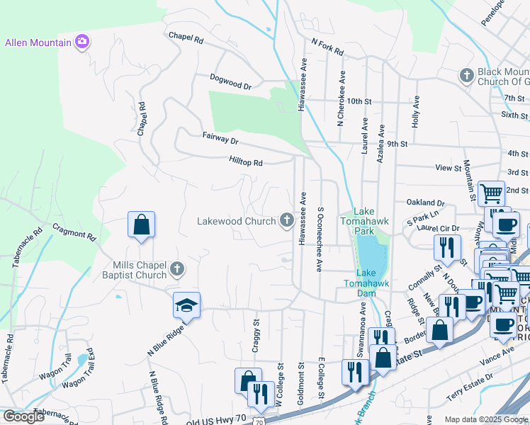 map of restaurants, bars, coffee shops, grocery stores, and more near 34 Tudor Way in Black Mountain