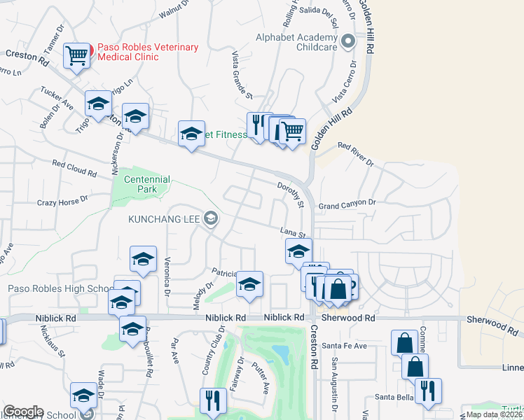 map of restaurants, bars, coffee shops, grocery stores, and more near 1150 Linda Circle in Paso Robles