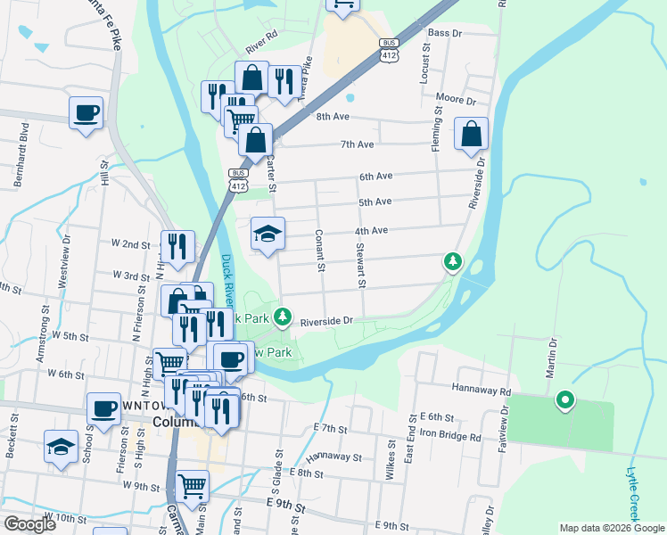 map of restaurants, bars, coffee shops, grocery stores, and more near 204 Conant Street in Columbia