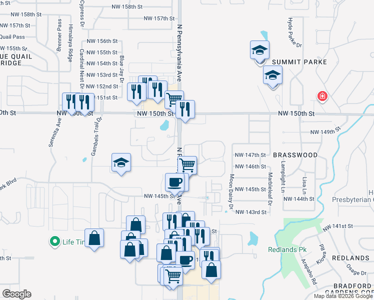 map of restaurants, bars, coffee shops, grocery stores, and more near 14901 North Pennsylvania Avenue in Oklahoma City