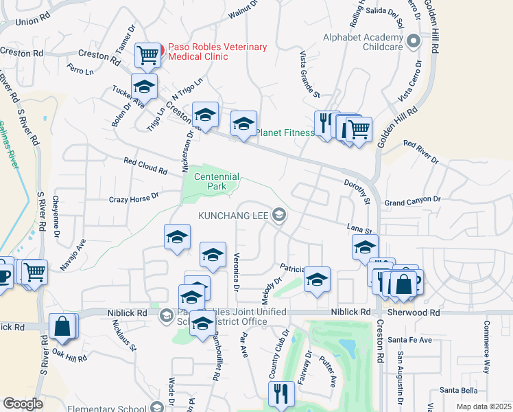 map of restaurants, bars, coffee shops, grocery stores, and more near 554 Andrea Circle in Paso Robles