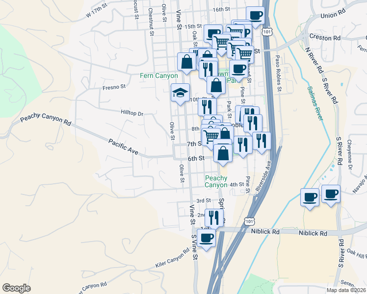 map of restaurants, bars, coffee shops, grocery stores, and more near 647 Vine Street in Paso Robles