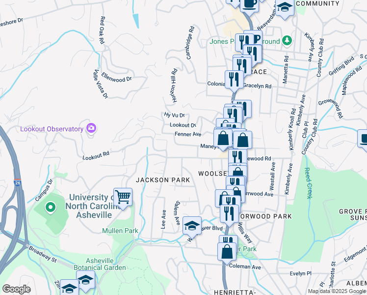 map of restaurants, bars, coffee shops, grocery stores, and more near 100 Maney Avenue in Asheville