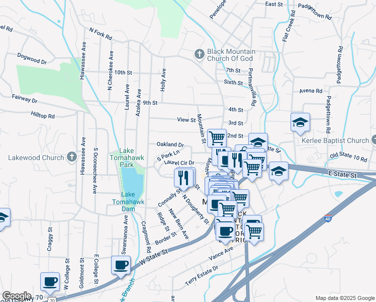 map of restaurants, bars, coffee shops, grocery stores, and more near 309 Church Street in Black Mountain